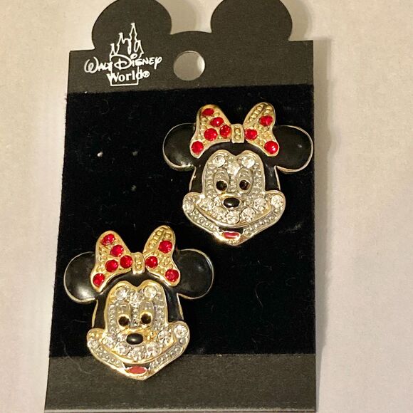 Vintage Disney Minnie Mouse Earrings Post Crystal Rhinestone Enamel Taiwan - Picture 5 of 10